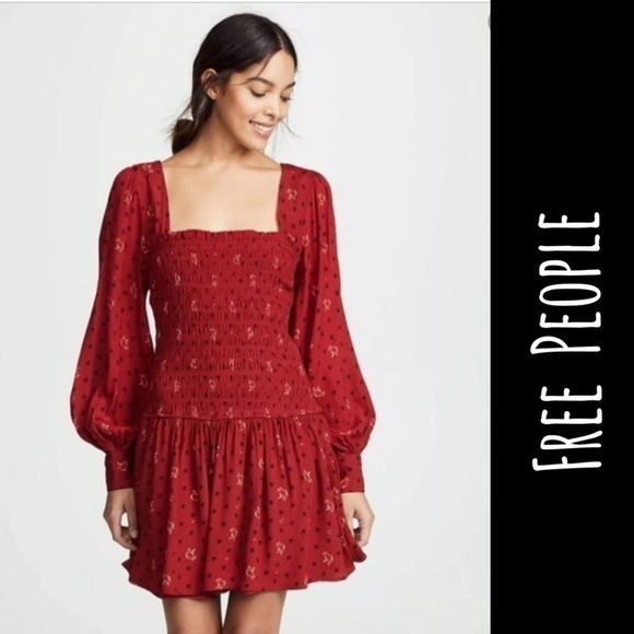 Free People Ruby Red Floral Mini Long Sleeve Dress - Picture 1 of 3